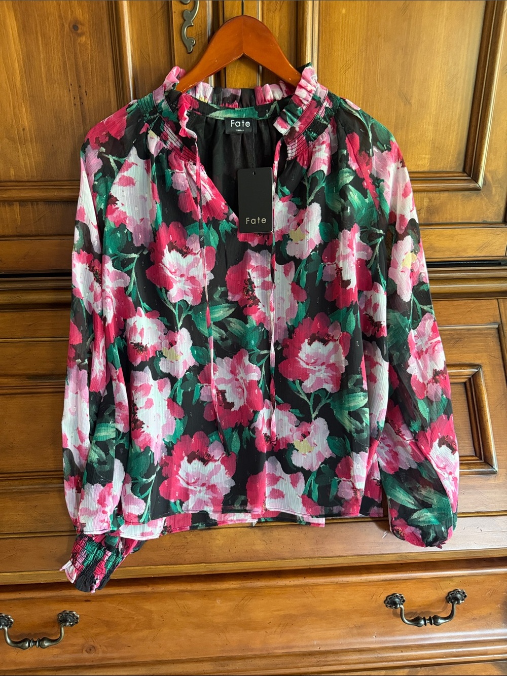 Fate Black Floral Ruffle-Neck Blouse - Pink & Green